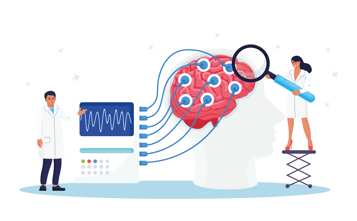 Doctor neurologist, neuroscientist, physician study brain connected to display with EEG indication. Neurology, neuroscience, electroencephalography concept.