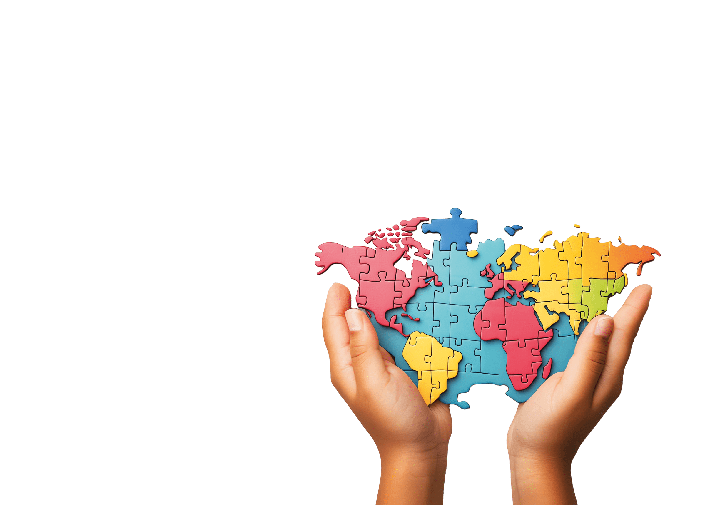 Two hands hold a colorful world map puzzle.