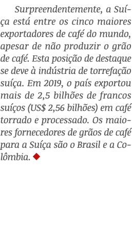 Surpreendentemente, a Suíça está entre os cinco maiores exportadores de café do mundo, apesar de não produzir o grão    