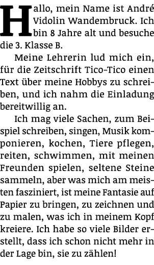 Hallo, mein Name ist André Vidolin Wandembruck  Ich bin 8 Jahre alt und besuche die 3  Klasse B  Meine Lehrerin lud m   