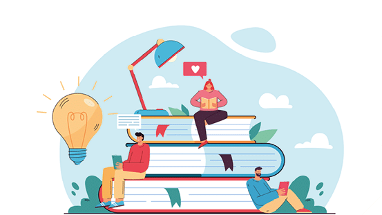 Tiny student sitting on book pile and reading flat vector illustration  Cartoon bookworm people studying and getting new knowledge  Library, literature and education concept