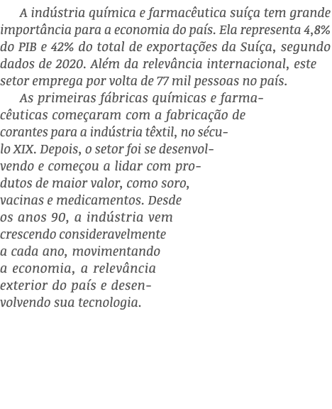 A indústria química e farmacêutica suíça tem grande importância para a economia do país  Ela representa 4,8% do PIB e   