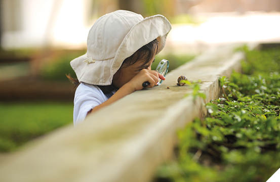 Little kid girl asian wearing a white hat and jeans jumpsuit and xploring nature with a magnifying glass  Which increases the development and enhances outside the classroom learning skills concept 