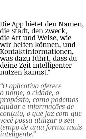  Die App bietet den Namen, die Stadt, den Zweck, die Art und Weise, wie wir helfen können, und Kontaktinformationen,    