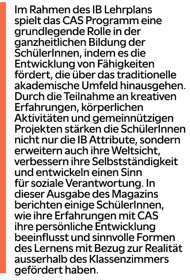 ￼Im Rahmen des IB Lehrplans spielt das CAS Programm eine grundlegende Rolle in der ganzheitlichen Bildung der Sch ler...