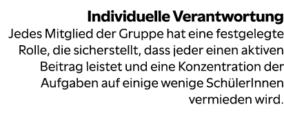 Individuelle Verantwortung Jedes Mitglied der Gruppe hat eine festgelegte Rolle, die sicherstellt, dass jeder einen a...
