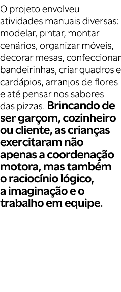 O projeto envolveu atividades manuais diversas: modelar, pintar, montar cen rios, organizar m veis, decorar mesas, co...