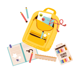 School supplies for kids. Backpack, stationery, and classroom items. Education, back to school, and learning themes. Modern flat vector illustration school accessory set