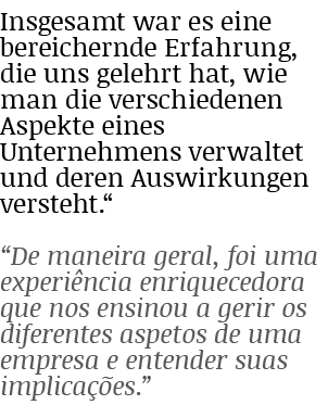 Insgesamt war es eine bereichernde Erfahrung, die uns gelehrt hat, wie man die verschiedenen Aspekte eines Unternehme...