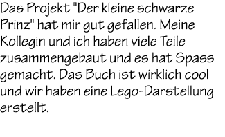 Das Projekt \“Der kleine schwarze Prinz\" hat mir gut gefallen. Meine Kollegin und ich haben viele Teile zusammengeba...
