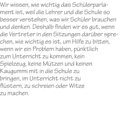 Wir wissen, wie wichtig das Sch lerparlament ist, weil die Lehrer und die Schule so besser verstehen, was wir Sch ler...