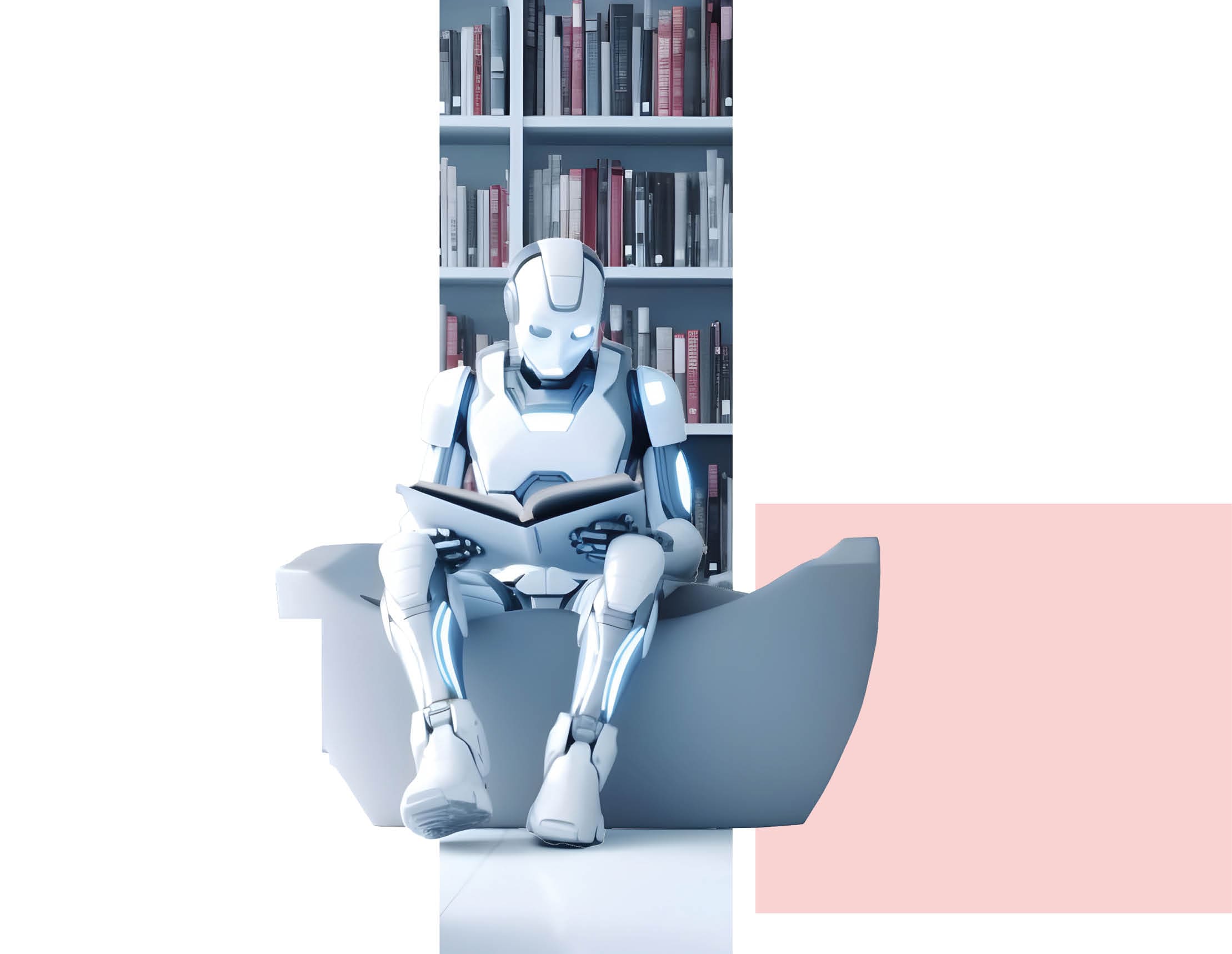AI robot sitting and reading book in library. Artificial intelligence, Machine learning, Innovation, Disruptive technology concept. Generative AI