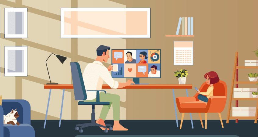 Man working from home. Businessman with group of colleagues taking part in video conference. Online communication. Virtual work meeting. Child online education at home. Cartoon vector illustration