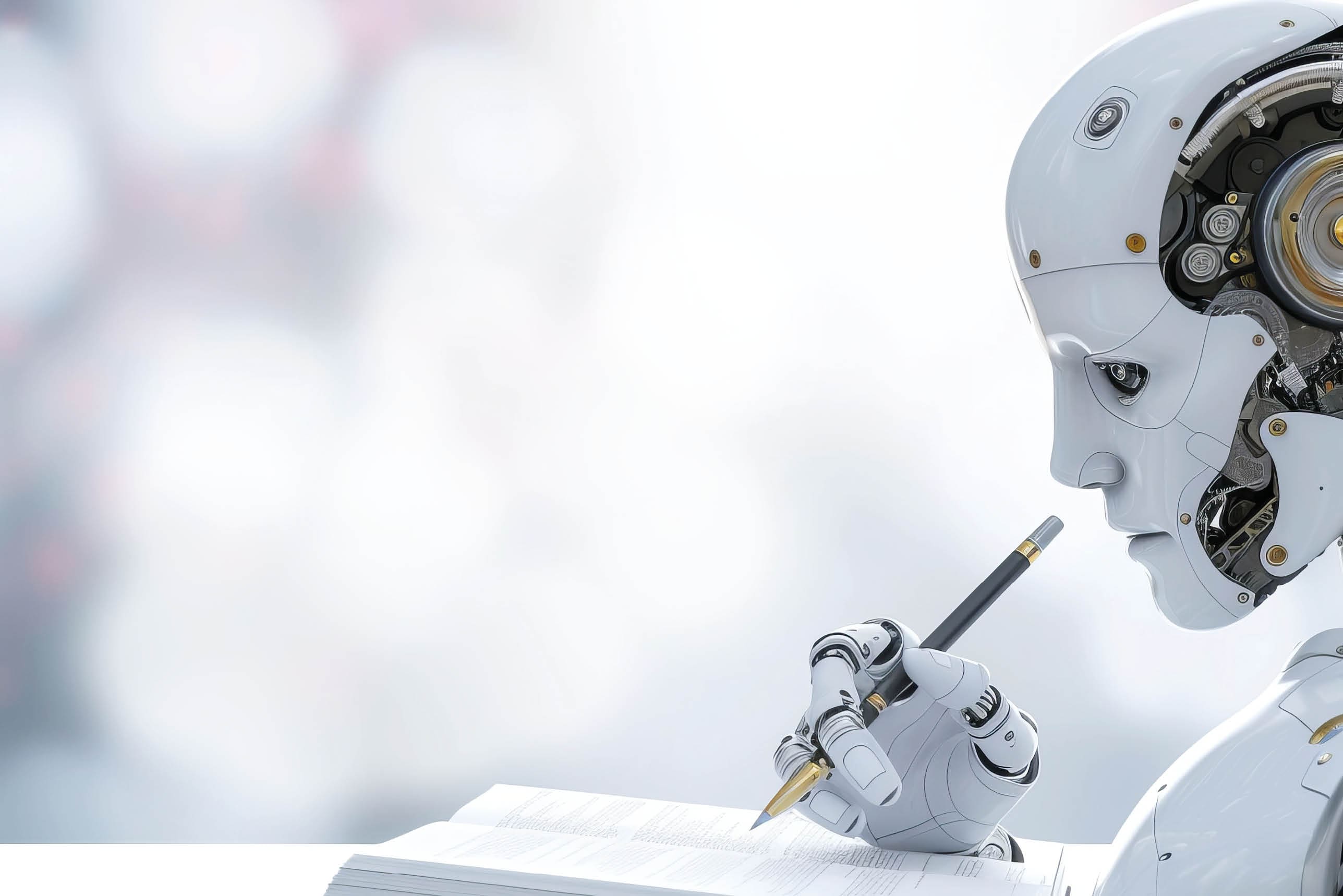 Futuristic ai robot writing essay, robotic assistant with pen, chat bot helping with homework