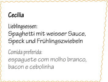 Cecilia Lieblingsessen: Spaghetti mit weisser Sauce, Speck und Fr hlingszwiebeln Comida preferida: espaguete com molh...