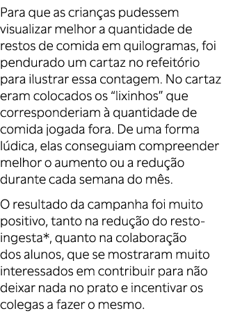 Para que as crian as pudessem visualizar melhor a quantidade de restos de comida em quilogramas, foi pendurado um car...