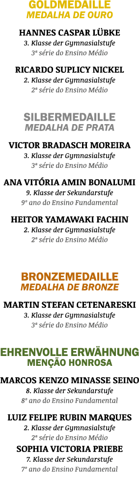 GOLDMEDAILLE MEDALHA DE OURO HANNES CASPAR L BKE 3. Klasse der Gymnasialstufe 3ª s rie do Ensino M dio RICARDO SUPLIC...