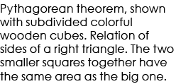 Pythagorean theorem, shown with subdivided colorful wooden cubes. Relation of sides of a right triangle. The two smal...