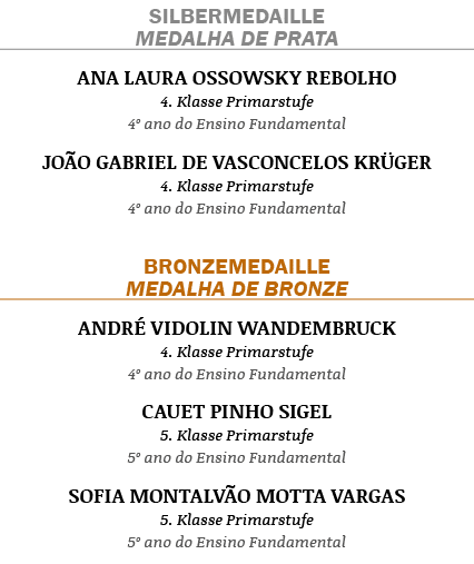 SILBERMEDAILLE MEDALHA DE PRATA Ana Laura Ossowsky Rebolho 4. Klasse Primarstufe 4º ano do Ensino Fundamental Jo o Ga...